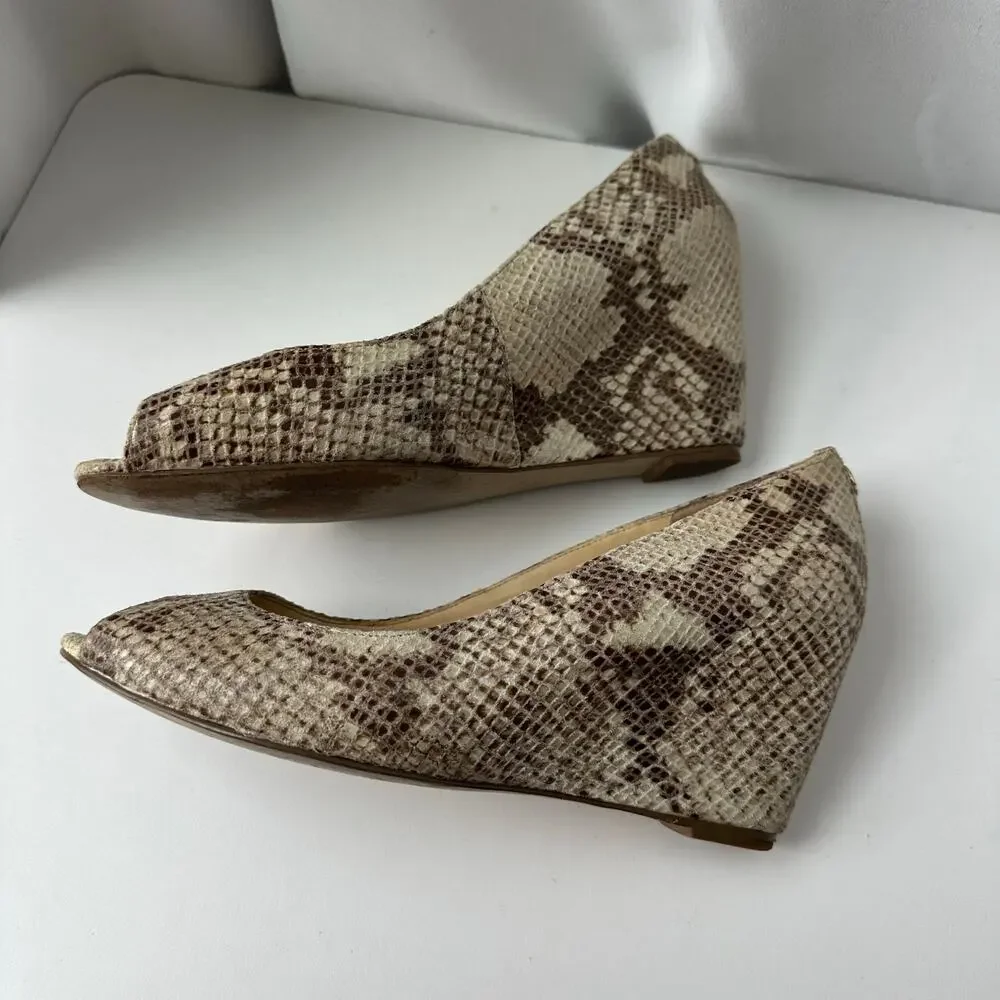 Ivanka Trump (8.5) Neutral Snakeskin Open Toe Sandal Wedge Heels